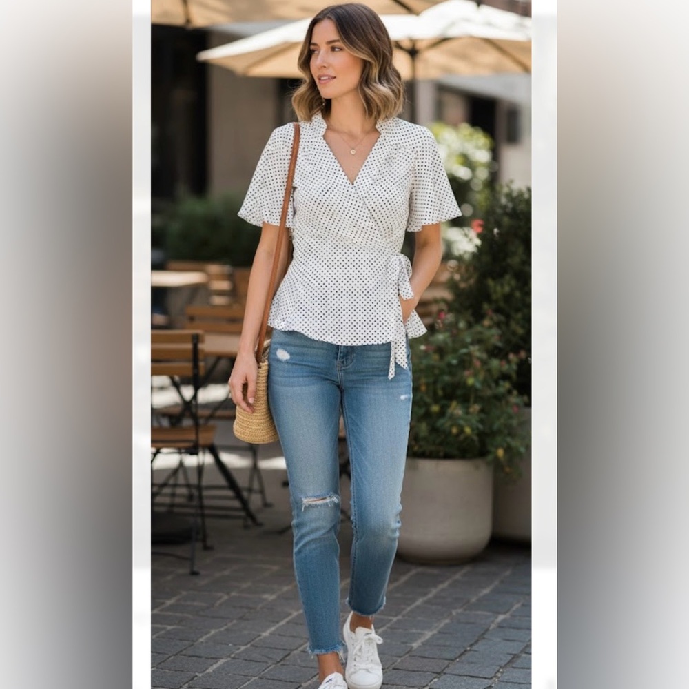 Monteau White Polka Dot Wrap Blouse